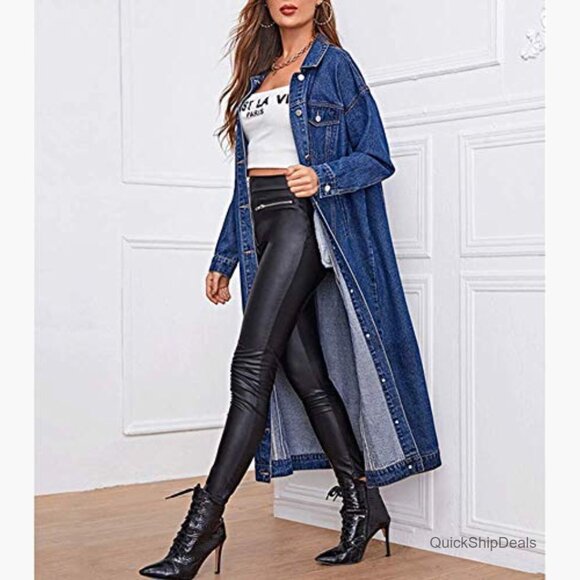 Women's Denim Jacket Trench Coat Button Down Midi Long - Picture 3 of 5